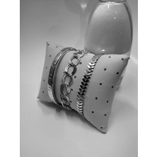 TRY Kombin Kadın Gümüş Kaplama Kombin Düz Model Kartier Kılçık Çift Zincir Bileklik -1239