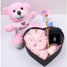 Trend Robo Sevgililer Günü Romantik Kalp Kutu Güllü Ayıcık ve Kalp Kolye Hediye Seti - 925 Ayar Gümüş Kolye