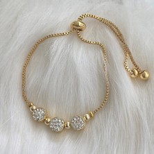 TRY Altın Renk Zirkon Taşlı Üçlü Macun Asansör Bileklik  - 1033