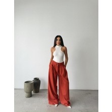 Yeşil Sarmaşık Palazzo Pantolon Kumaş Kemer Detaylı - Kiremit