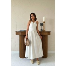 Yeşil Sarmaşık Bej Arkası Gipeli Keten Elbise