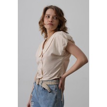 Yeşil Sarmaşık Bebe Yaka Yanları Bağlamalı Bluz - Taş