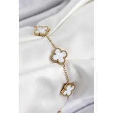 Stainles Steel Altın Renk Kaplama Beyaz Taşlı Dört Yaprak Figürlü Zarif Kadın Bileklik