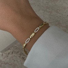 Stainles Steel Oval Taş Detaylı Altın Kaplama Çelik Kadın Bileklik