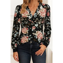 Yeşil Sarmaşık Kadın Uzun Kollu Kruvaze Yakalı Kelebek Desenli Şardonlu Dalgıç Bluz