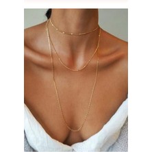 TRY Kadın Üçlü Şeri Zincir Kolye Gold Kaplama Katmanlı Kolye Choker Uzun Çoklu Kolye