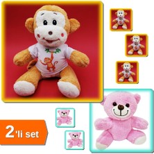Hereveoyuncak Tişörtlü Sevimli Peluş Maymun + Pembe Peluş Oyuncak Ayıcık - 2li Set Y0E6L9