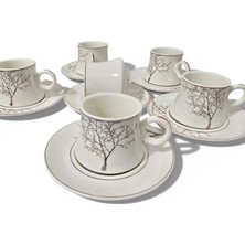 Sudedi Home 6 Kişilik Türk Kahvesi Fincan Takımı | Beyaz Desenli | Gold Detaylı Porselen