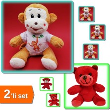 Hereveoyuncak Tişörtlü Sevimli Peluş Maymun + Kırmızı Peluş Oyuncak Ayıcık - 2li Set C7N2V4