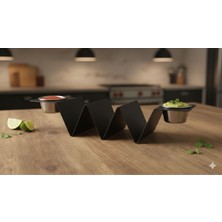 Atölye Asya Modern Tasarım 3 Bölmeli Taco Standı ve Sosluk Seti - Mat Siyah Metal Taco Tutucu