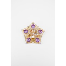 Stella Fortis Mor & Altın Tonlu Taş Detaylı Zarif Çiçek Broş - Kristal Taşlı | Estetik Tasarım