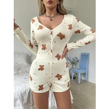 Aria's Closet Pamuklu Ekru Ayıcık Desenli Düğmeli Tulum Pijama
