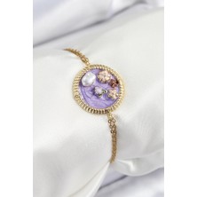 SHC4200 Bfs 316L Çelik Zincir Mor Mineli Sanatsal Portre Inci Detaylı Çiçek Model Gold Renk Kadın Bileklik