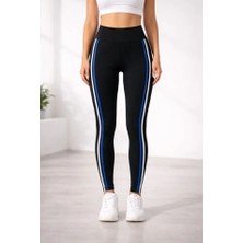 Tiana Likralı Yan Beyaz Mavi Şeritli Detaylı Tayt - Siyah