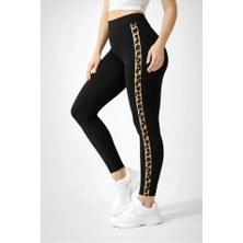 Cottonlab Likralı Yan Leopar Şeritli Detaylı Tayt - Siyah