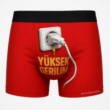 Onudabunuda Baskılı Erkek Boxer Yüksek Gerilim Desenli Komik Eğlenceli Pamuklu Likralı Rahat Kesim Kırmızı Siyah