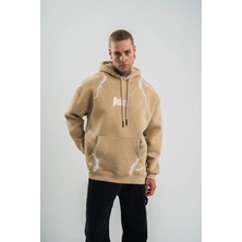 Velmora Fashion Erkek Şimşek Baskılı Kapşonlu Sweatshirt Üç Iplik Pamuklu Kanguru Cepli Double Oversize Hoodie - Bej