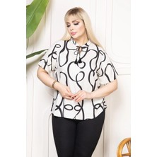 Velmora Fashion Kadın Desenli Püsküllü Viskon Bluz Bebe Yaka Kısa Kollu Big Size Rahat Kesim - Desenli