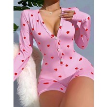 Will Like Pamuklu Pembe Kalp Desenli Düğmeli Tulum Pijama