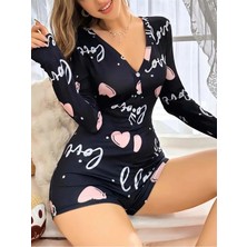 Will Like Siyah Kalp Desenli Love Yazılı Düğmeli Tulum Pijama