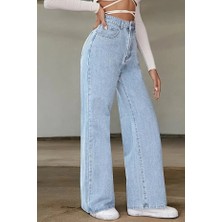 ArVib Genç Kız Mavi Yıkama Yüksek Bel Likralı Salaş Bol Paça Jeans