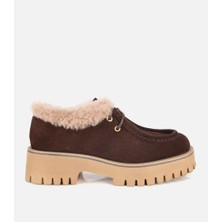 Hotiç Kadın Süet Deri Kahverengi İçi Kürklü Kalın Tabanlı Oxford Ayakkabı