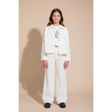 Cansın Mini Ekru Düğme Detaylı Keten Gömlekli Pantolonlu Kız Çocuk 3lü Takım 23496