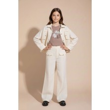 Cansın Mini Krem Düğme Detaylı Keten Gömlekli Pantolonlu Kız Çocuk 3lü Takım 23495