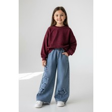 Miniğimin Cicileri Minigimin Cicileri Yıldız Taşlı Detaylı Sweatshirt Yıldız Detay Jean Pantolonlu 2 Li Kız Çocuk Takım - Bordo