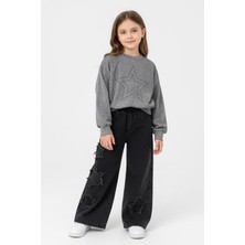 Miniğimin Cicileri Minigimin Cicileri Yıldız Taşlı Detaylı Sweatshirt Yıldız Detay Jean Pantolonlu 2 Li Kız Çocuk Takım - Gri