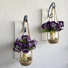 Duvar Dekoru, LED Işıklı, Mor Menekşe Çiçekli, Beyaz Aplik Ikili Set