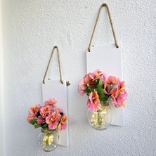 LED Işıklı, Pembe Menekşe Çiçekli Duvar Dekoru Beyaz Ikili Set