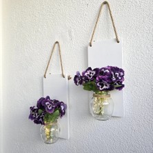 LED Işıklı, Mor Menekşe Çiçekli Duvar Dekoru Beyaz Ikili Set