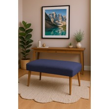 Azra Mobilya Modern Keten Kumaş Puf Bench 90X45 cm – Demonte Ahşap Ayaklı Oturma Pufu - Mavi