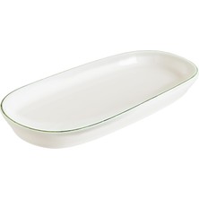 Retro Olive Hygge 12 Adet 21 Cm Yeşil Kenar Çizgili Porselen Oval Tabak