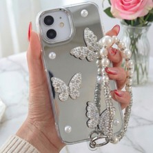 Fibaks iPhone 11 Kılıf Aynalı Charm Kelebek Askılı Inci Tasarımlı 3D Desenli Silikon Kapak
