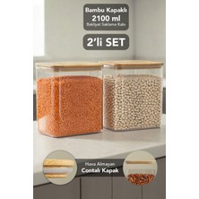 Meleni Home 2'li Bambu Kapak Aura Dikdörtgen Saklama Kabı - Hava Almaz Vakum Kapaklı Erzak Bakliyat Kabı 2100 ml