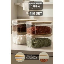 Meleni Home 4'lü Bambu Kapak Aura Dikdörtgen Saklama Kabı - Vakum Kapak Hava Almaz Bakliyat Erzak Kabı 1 Litre