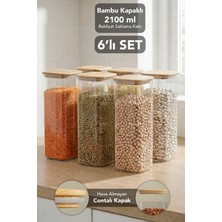 Meleni Home 6'lı Bambu Kapak Aura Kare Saklama Kabı - 2100 ml Vakum Kapaklı Hava Almaz Bakliyat Erzak Un Kabı