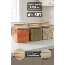 Meleni Home 6'lı Bambu Kapak Aura Dikdörtgen Saklama Kabı - Hava Almaz Vakum Kapaklı Erzak Bakliyat Kabı 2100 ml