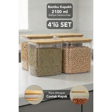 Meleni Home 4'lü Bambu Kapak Aura Dikdörtgen Saklama Kabı - Hava Almaz Vakum Kapaklı Erzak Bakliyat Kabı 2100 ml