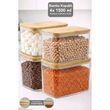 Meleni Home 4'lü Bambu Kapak Aura Dikdörtgen Saklama Kabı - Vakumlu Hava Almaz Kapak Erzak Bakliyat Kabı 1,5 Lt