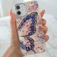 iPhone 11 Kılıf Renk Geçişli Taşlı Kamera Lens Korumalı Simli Mor Kelebek Desenli Darbe Emici