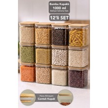 Meleni Home 12'li 1 Litre Bambu Kapak Aura Kare Saklama Kabı - Vakum Kapaklı Hava Almaz Bakliyat Erzak Kabı
