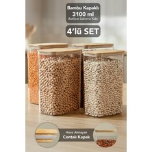 Meleni Home 4'lü Bambu Kapak Aura Dikdörtgen Saklama Kabı - Vakum Kapaklı Hava Almaz Bakliyat Un Kabı 3100 ml