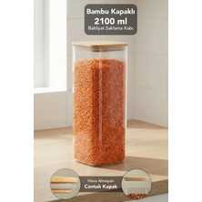 Meleni Home Bambu Kapak Aura Kare Saklama Kabı - 2100 ml Vakum Kapaklı Hava Almaz Un Erzak Bakliyat Kabı
