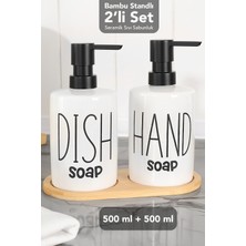 Meleni Home 2'li 500 ml Seramik Sıvı Sabunluk Seti - Bambu Standlı Sıvı Sabun Şişesi Bulaşık Deterjanlık Beyaz