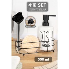 Meleni Home 500 ml Seramik Sıvı Sabunluk - Metal Standlı Süngerli ve Temizleme Fırçalı Bulaşık Deterjanlık Beyaz