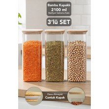 Meleni Home 3'lü Bambu Kapak Aura Kare Saklama Kabı - 2100 ml Vakum Kapaklı Hava Almaz Un Erzak Bakliyat Kabı