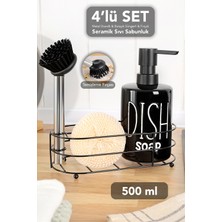 Meleni Home 500 ml Seramik Sıvı Sabunluk - Metal Standlı Süngerli ve Temizleme Fırçalı Bulaşık Deterjanlık Siyah